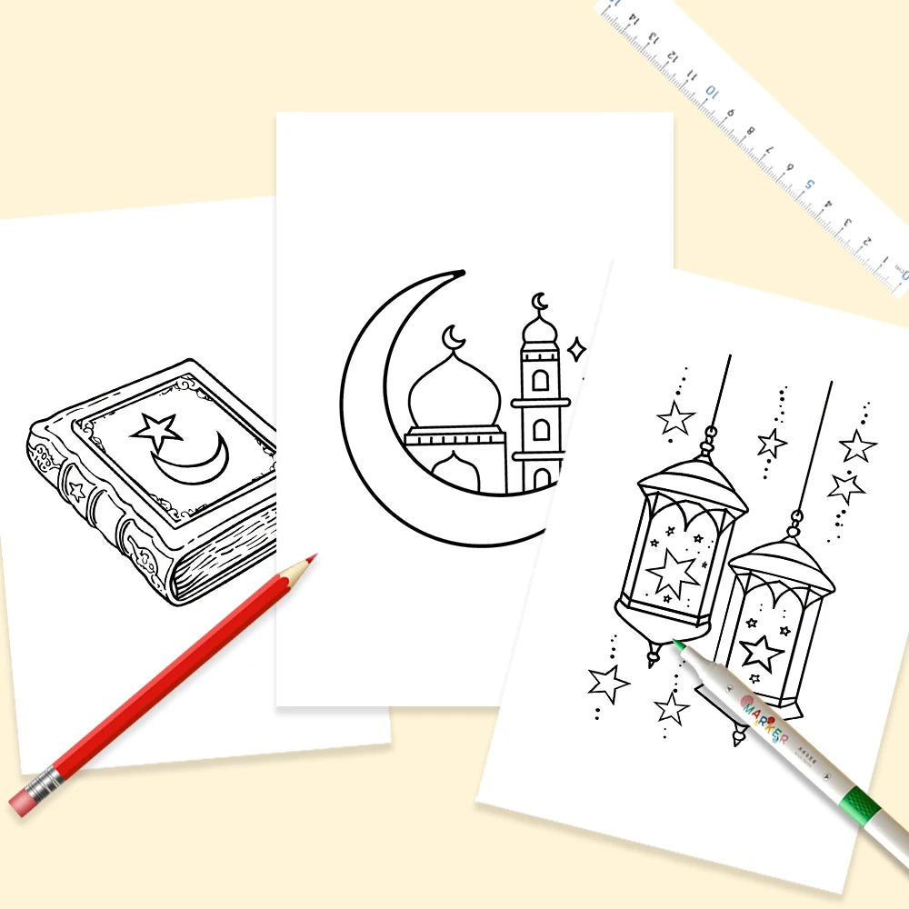 32Pcs, Eid Doodle Colouring Cards, DIY Colouring Cards, Eid Painting Cards, Moon, Stars, Lanterns Family and Party Activities
