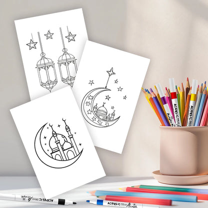 32Pcs, Eid Doodle Colouring Cards, DIY Colouring Cards, Eid Painting Cards, Moon, Stars, Lanterns Family and Party Activities