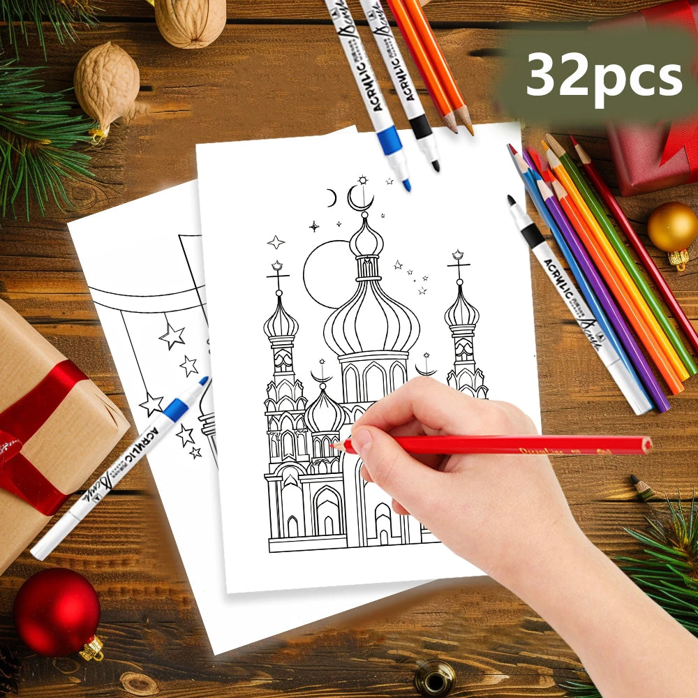 32Pcs, Eid Doodle Colouring Cards, DIY Colouring Cards, Eid Painting Cards, Moon, Stars, Lanterns Family and Party Activities