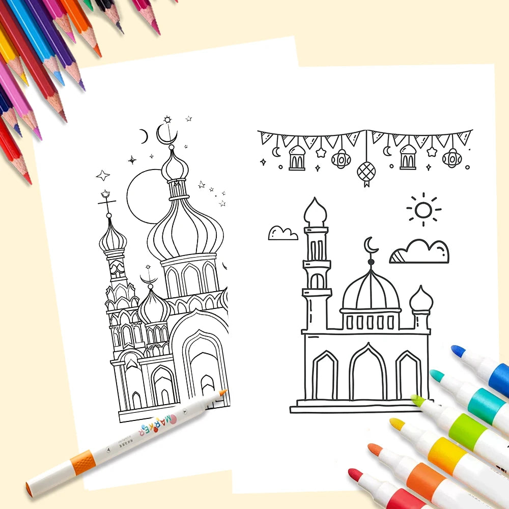 32Pcs, Eid Doodle Colouring Cards, DIY Colouring Cards, Eid Painting Cards, Moon, Stars, Lanterns Family and Party Activities