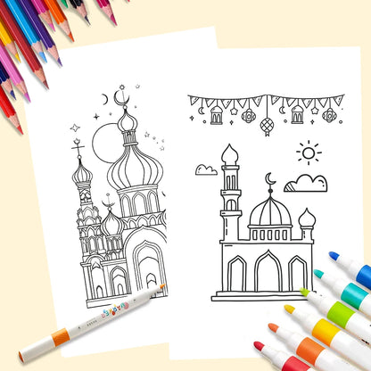 32Pcs, Eid Doodle Colouring Cards, DIY Colouring Cards, Eid Painting Cards, Moon, Stars, Lanterns Family and Party Activities